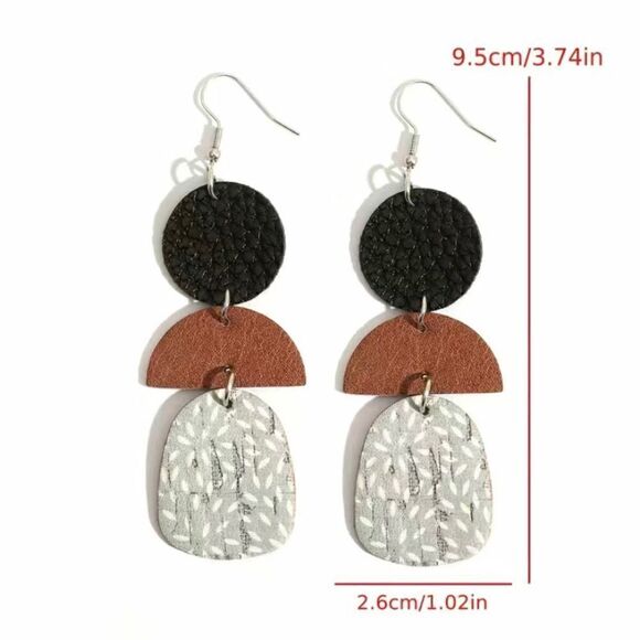 NWT Fashion Jewelry Vintage Round Semicircle Stitching Polka Dot Leather Earring - Picture 2 of 3